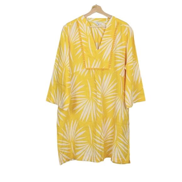 Boden Womens Dress 18L Yellow Tunic Linen Floral Pom Pom Tropical Vacation - Picture 1 of 5